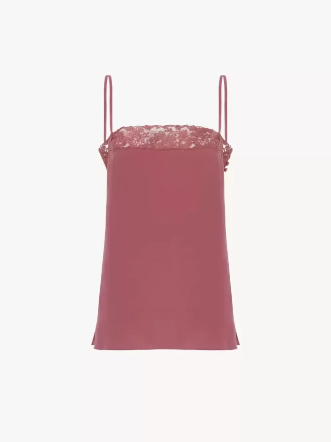 Top camisola de crepé de China & cordón Top camisola de crepé de China & cordón