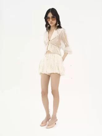 Mini shorts bombachos de muselina de seda con encaje floral