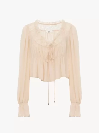 Top corto con escote redondo en georgette de seda y encaje
