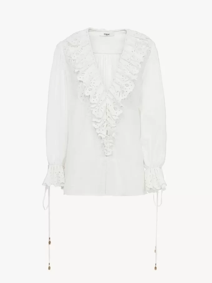 Top de cuello en V con mangas abullonadas en voile de algodón