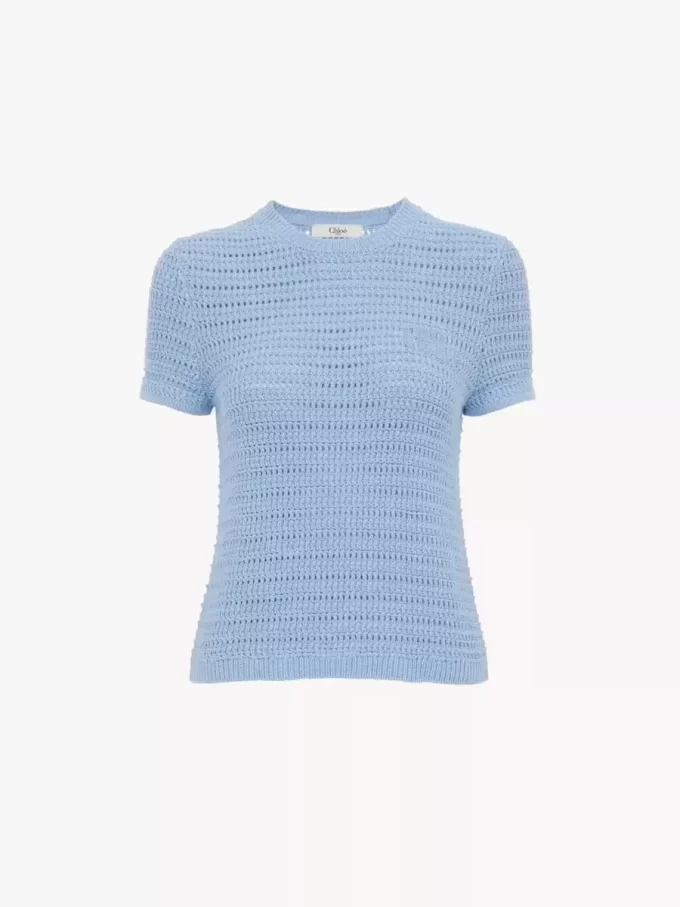 Top de cuello redondo con logotipo en punto de crochet de algodón Top de cuello redondo con logotipo en punto de crochet de algodón