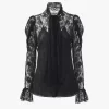 Top lavallière con mangas abullonadas en jacquard de encaje floral Top lavallière con mangas abullonadas en jacquard de encaje floral