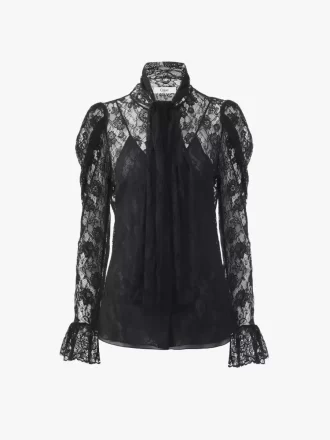 Top lavallière con mangas abullonadas en jacquard de encaje floral