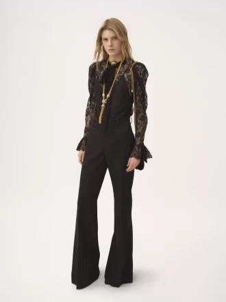 Top lavallière con mangas abullonadas en jacquard de encaje floral