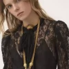 Top lavallière con mangas abullonadas en jacquard de encaje floral Top lavallière con mangas abullonadas en jacquard de encaje floral