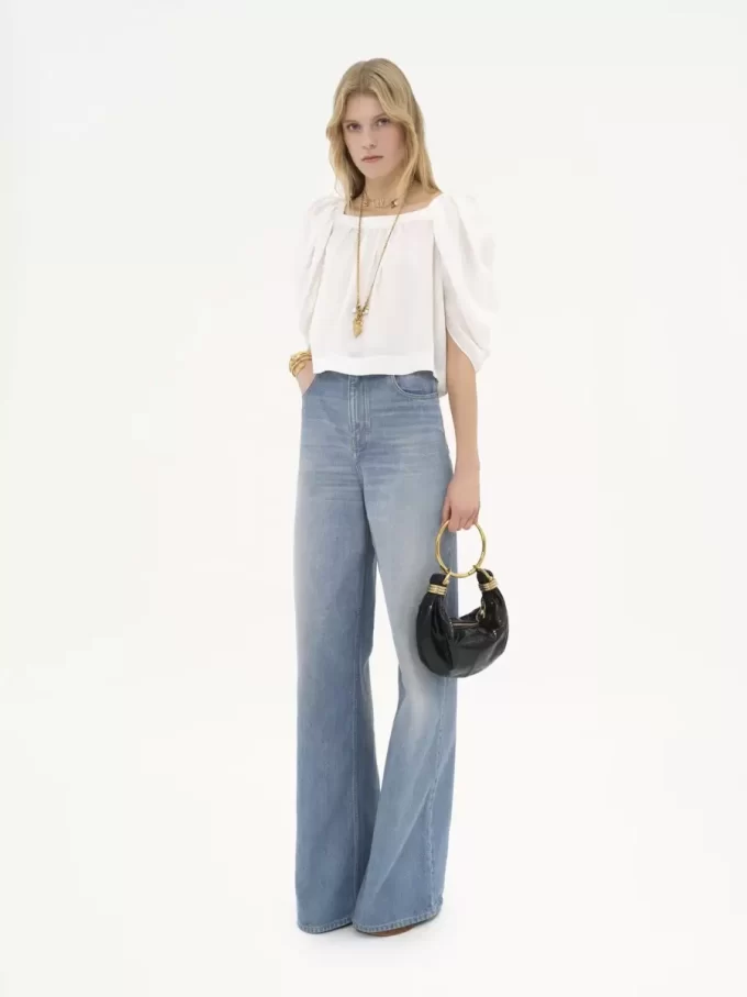 Top plisado con mangas abullonadas en popelina de seda Top plisado con mangas abullonadas en popelina de seda