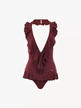 Traje de baño de una pieza con cuello en V y volantes
