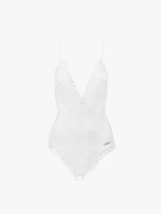 Traje de baño de una pieza con cuello en V y volantes