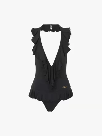 Traje de baño de una pieza con cuello en V y volantes