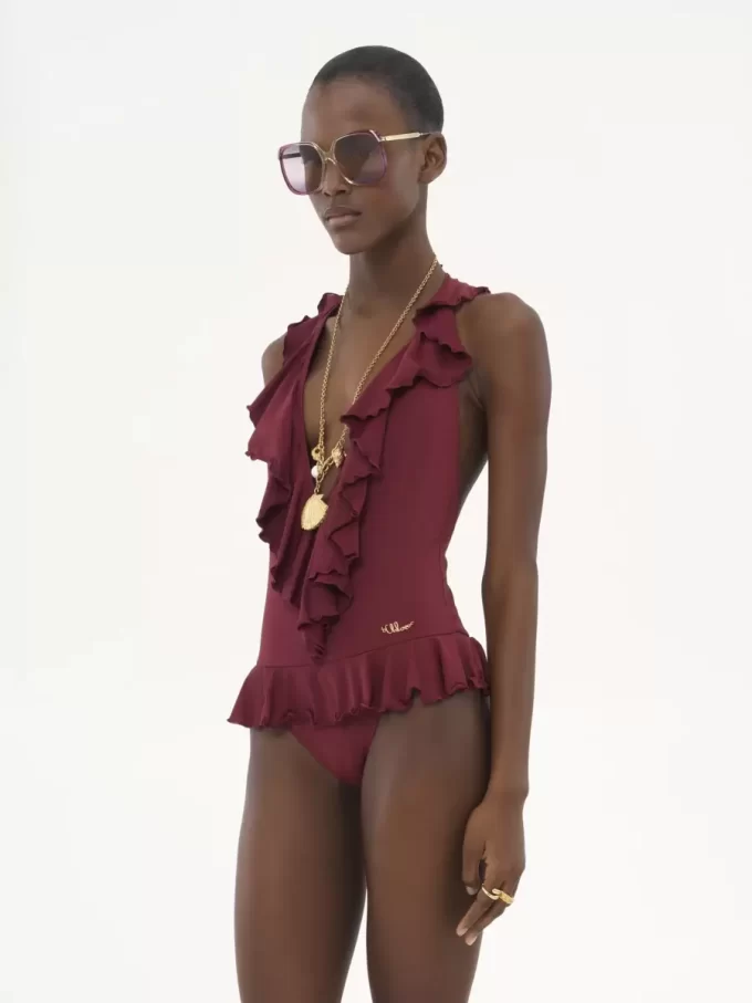 Traje de baño de una pieza con cuello en V y volantes Traje de baño de una pieza con cuello en V y volantes