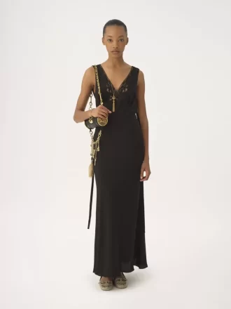 Vestido columna sin mangas en jacquard de seda y encaje