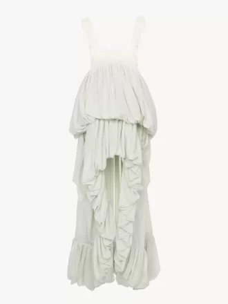 Vestido con volantes altos y bajos en habotai de seda y encaje