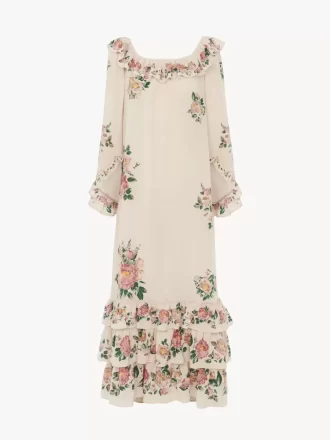 Vestido largo con volantes y escote cuadrado en crepé de China