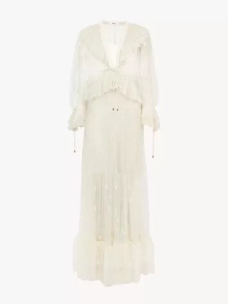 Vestido largo de escote en V fruncido en encaje bordado