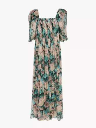 Vestido largo de muselina de seda con mangas abullonadas