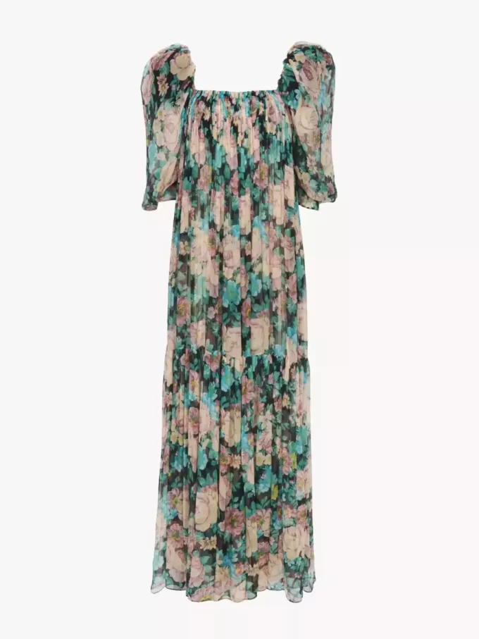 Vestido largo de muselina de seda con mangas abullonadas