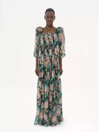 Vestido largo de muselina de seda con mangas abullonadas