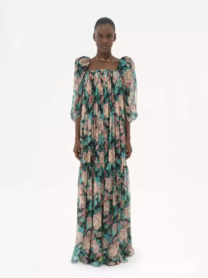 Vestido largo de muselina de seda con mangas abullonadas