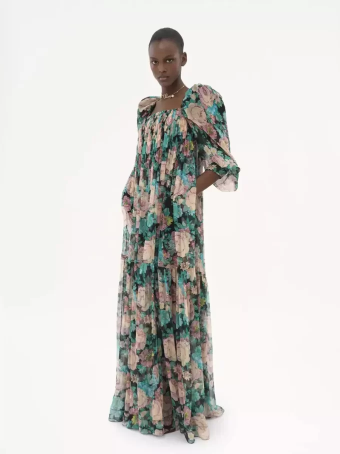 Vestido largo de muselina de seda con mangas abullonadas