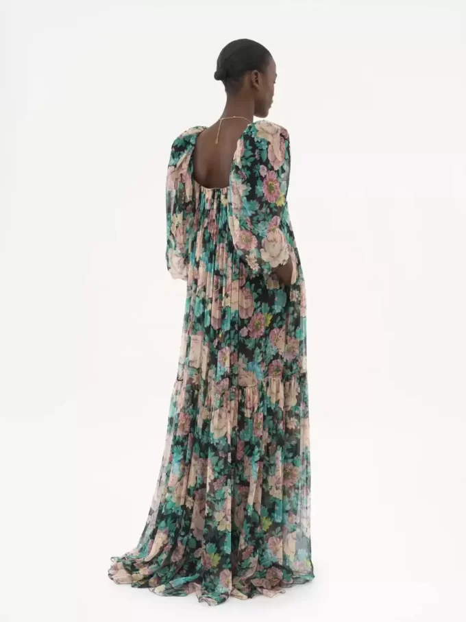 Vestido largo de muselina de seda con mangas abullonadas