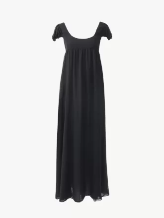 Vestido largo de plumeti de seda con mangas abullonadas