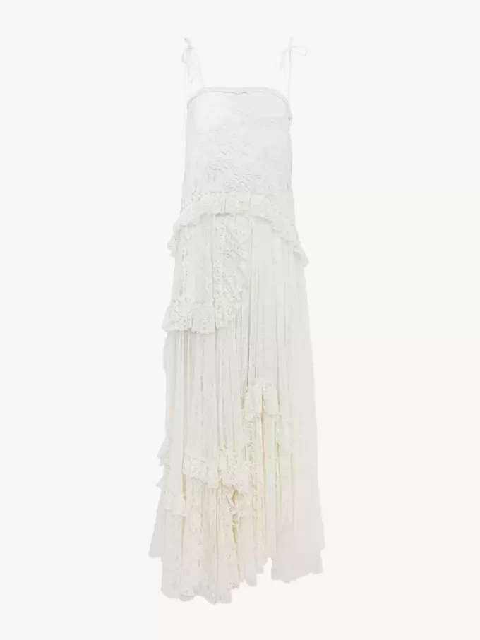 Vestido largo de tirantes finos en encaje bordado