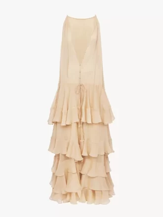 Vestido largo escalonado en georgette de seda