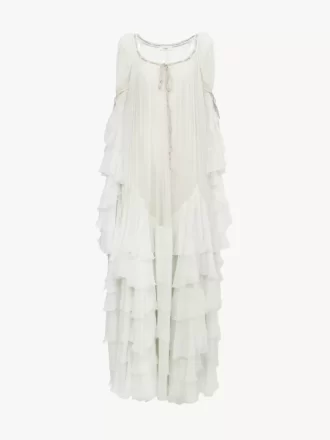 Vestido largo oversize con volantes en muselina de seda