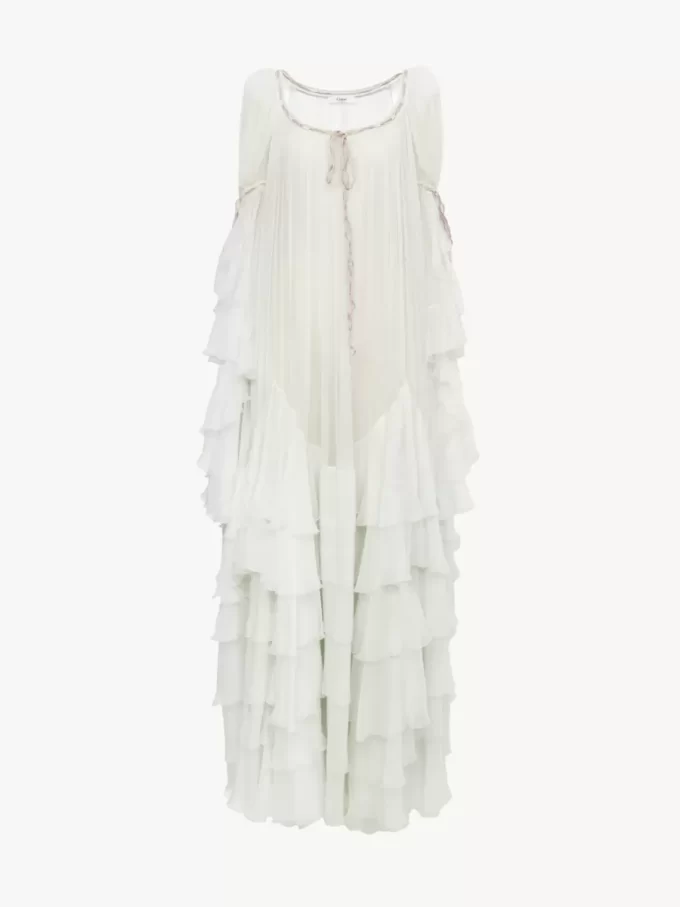 Vestido largo oversize con volantes en muselina de seda