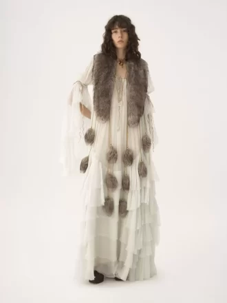 Vestido largo oversize con volantes en muselina de seda