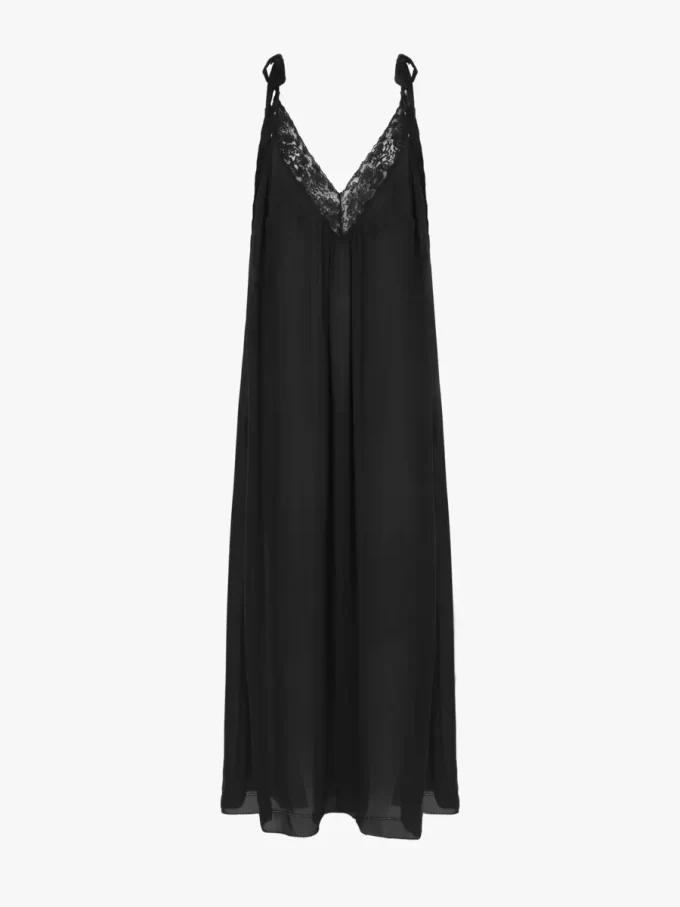 Vestido lencero largo en charmeuse de seda y encaje