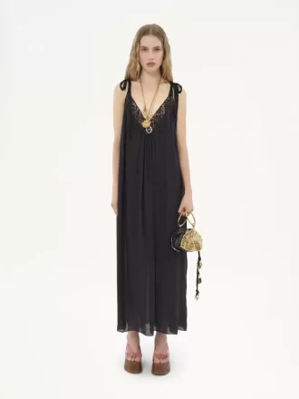 Vestido lencero largo en charmeuse de seda y encaje