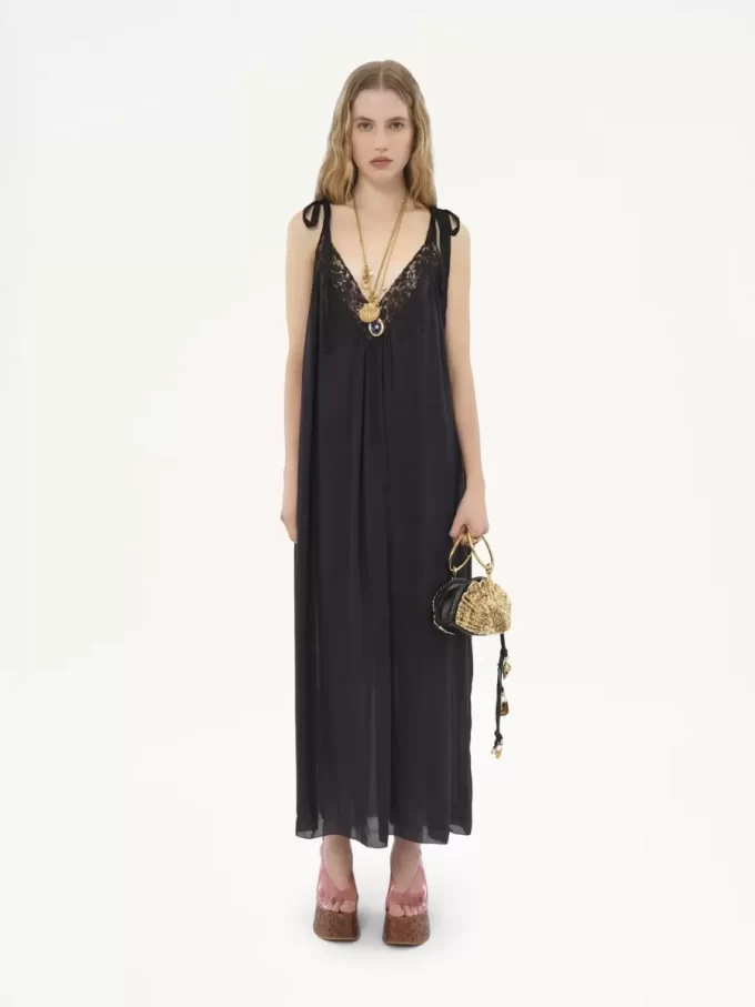 Vestido lencero largo en charmeuse de seda y encaje