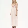 Vestido lencero largo en habotai de seda y encaje