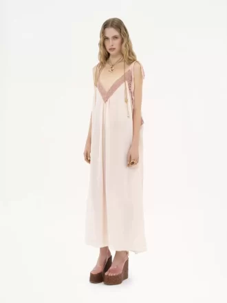 Vestido lencero largo en habotai de seda y encaje