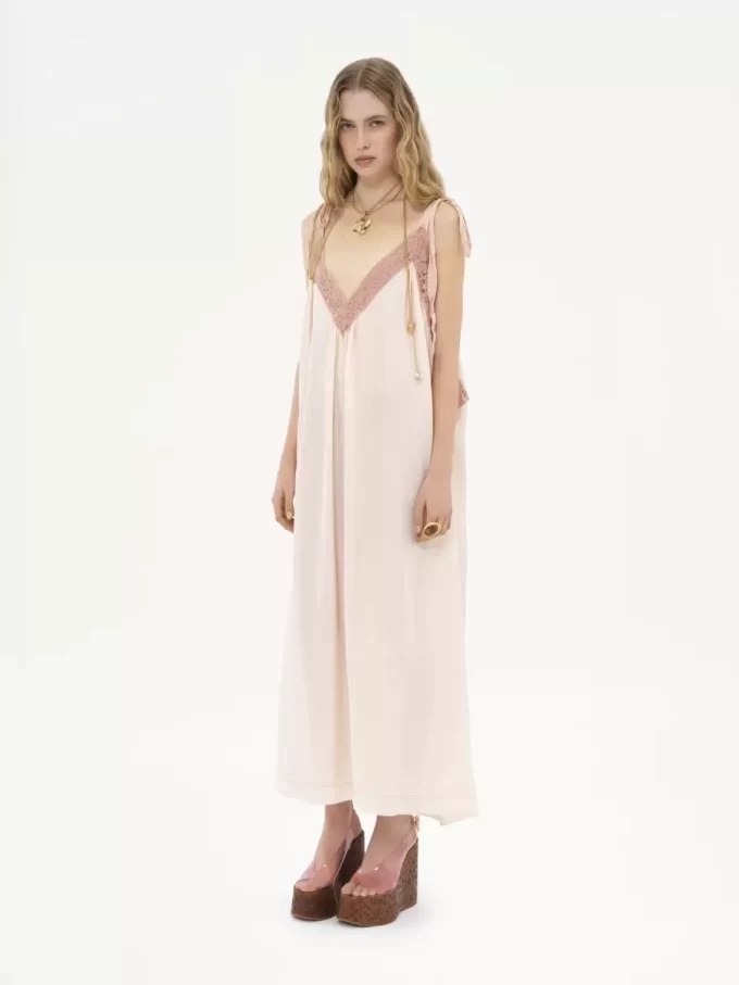 Vestido lencero largo en habotai de seda y encaje