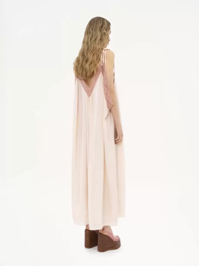 Vestido lencero largo en habotai de seda y encaje