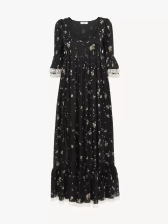 Vestido midi de escote redondo en charmeuse de seda y encaje
