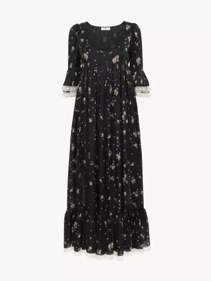 Vestido midi de escote redondo en charmeuse de seda y encaje