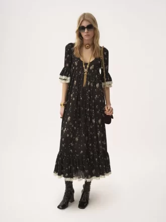 Vestido midi de escote redondo en charmeuse de seda y encaje