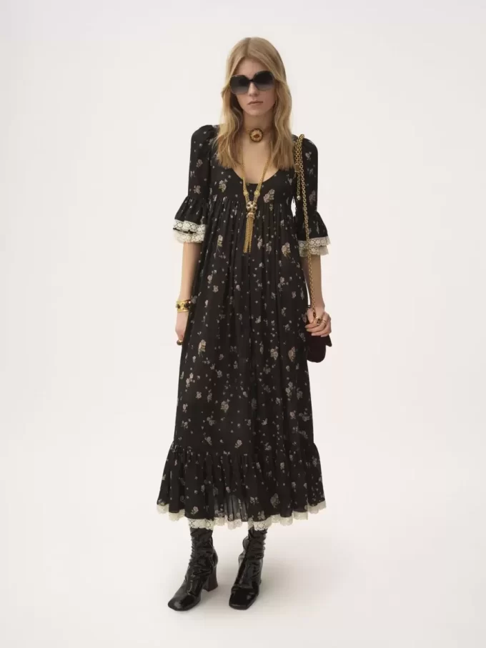 Vestido midi de escote redondo en charmeuse de seda y encaje