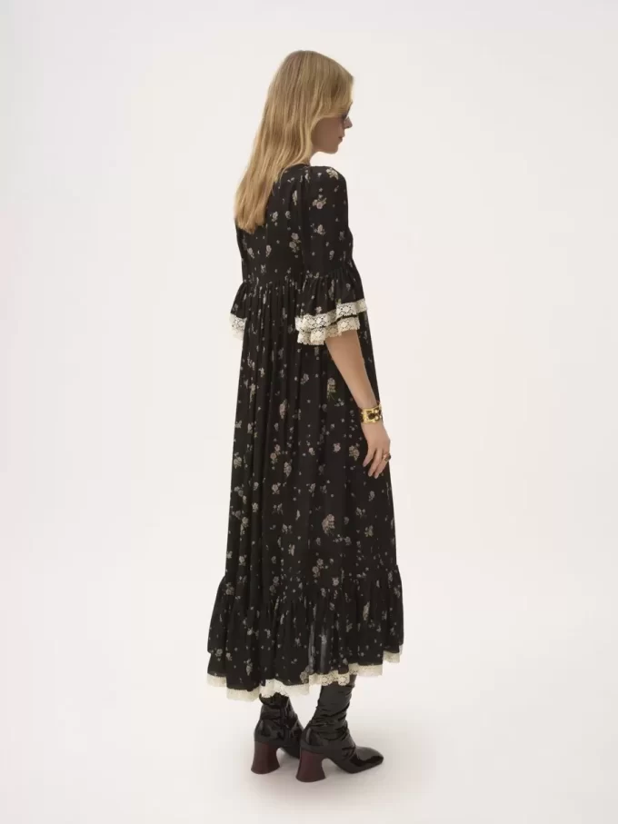 Vestido midi de escote redondo en charmeuse de seda y encaje