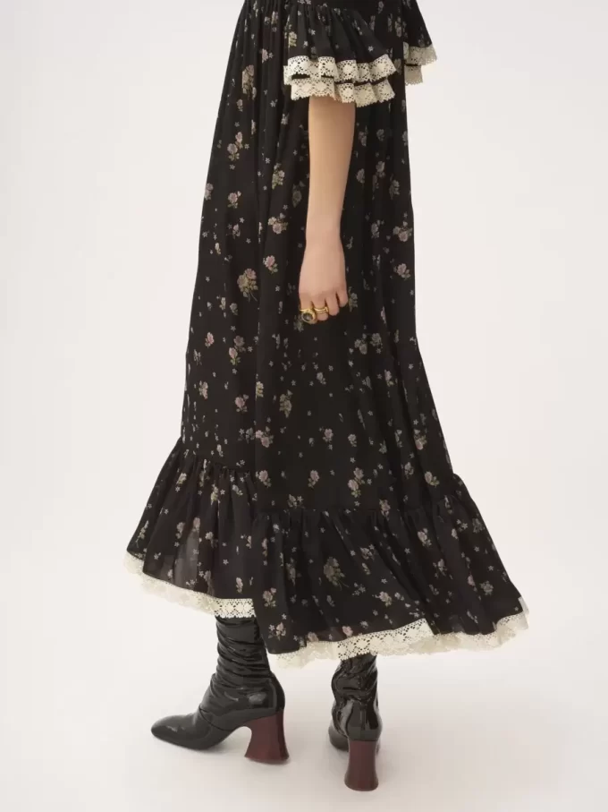Vestido midi de escote redondo en charmeuse de seda y encaje