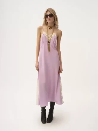 Vestido midi de tirantes finos en crepé de China y encaje