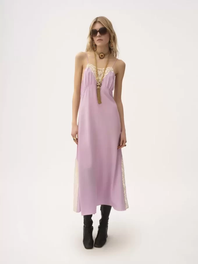 Vestido midi de tirantes finos en crepé de China y encaje