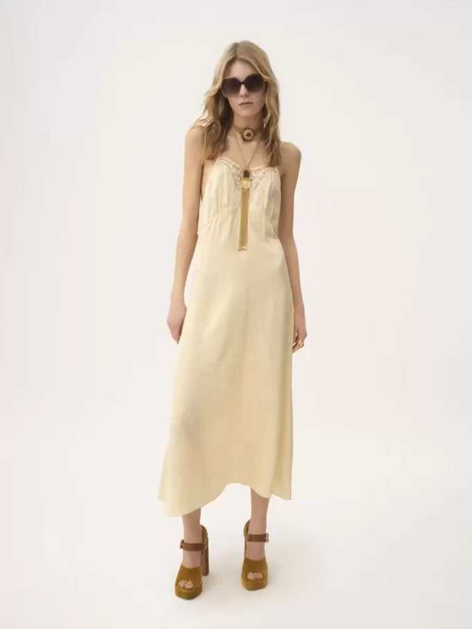 Vestido midi de tirantes finos en jacquard de seda y encaje