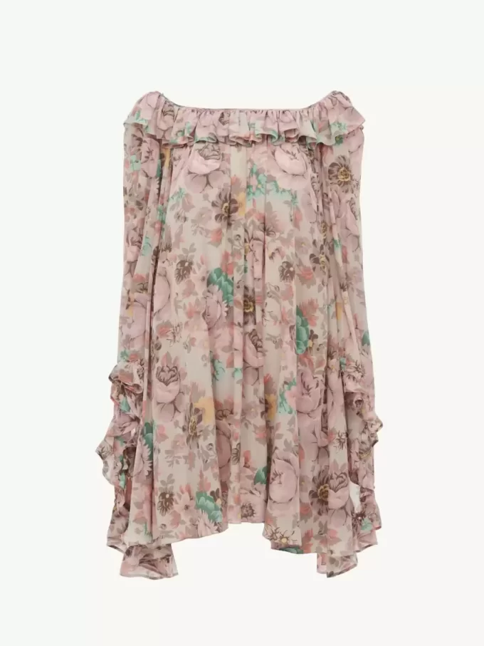 Vestido mini con volantes y escote cuadrado en crepé de China