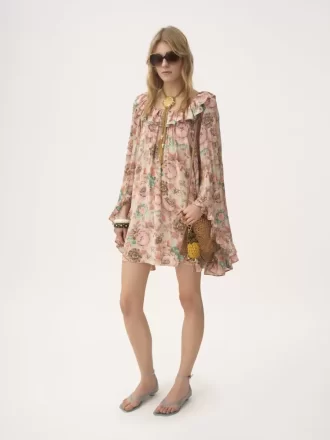 Vestido mini con volantes y escote cuadrado en crepé de China