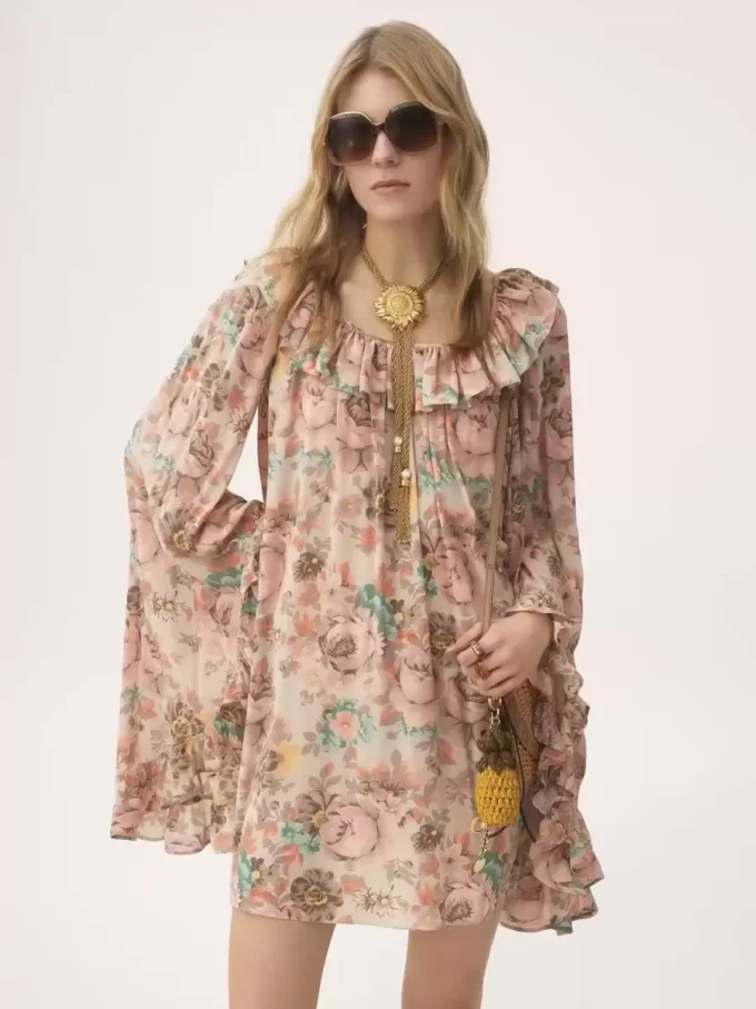 Vestido mini con volantes y escote cuadrado en crepé de China