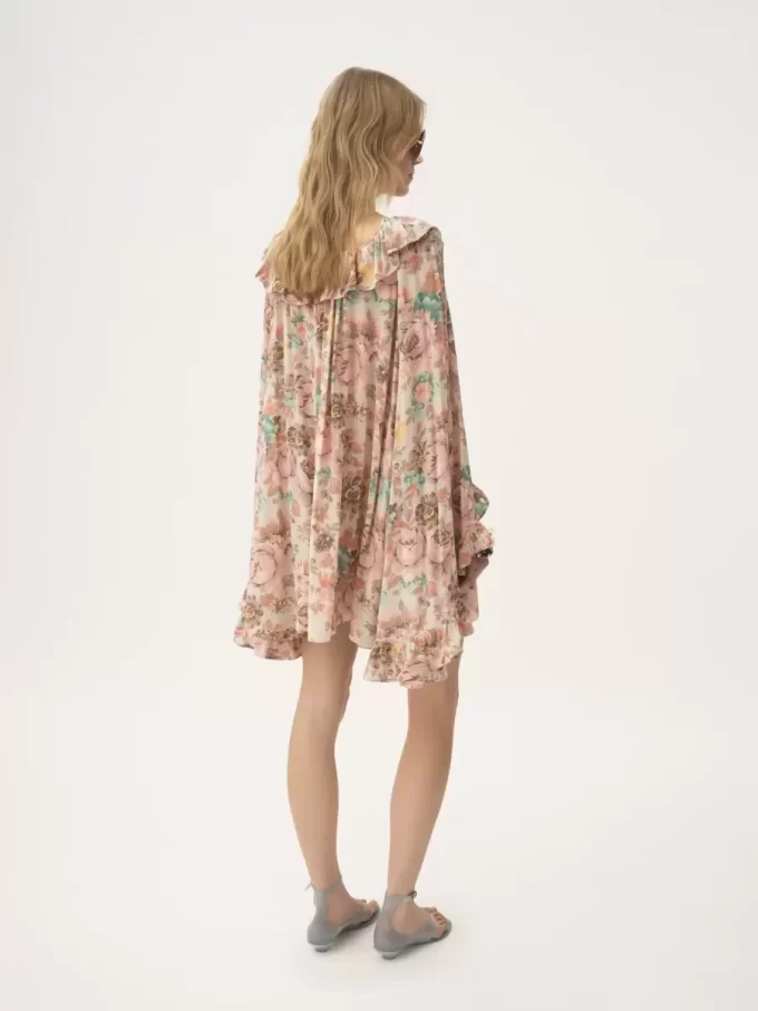 Vestido mini con volantes y escote cuadrado en crepé de China